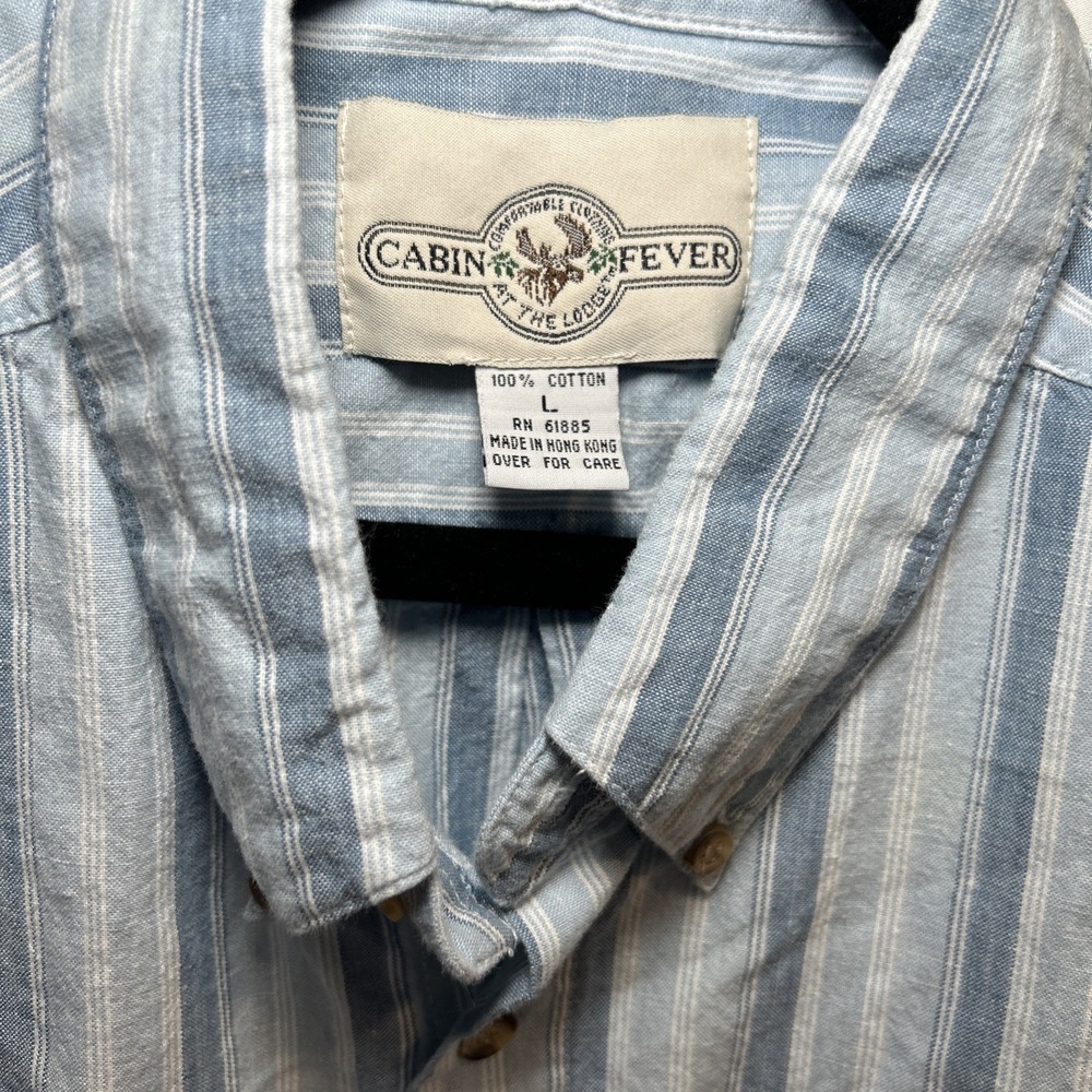 Men's Large Cabin Fever 100% Cotton Button Down Shirt Blue‎ Vertical Stripes - Picture 2 of 9